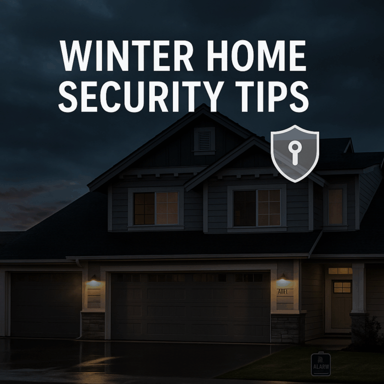 A modern two-story home in Somerset West is shown at dusk with motion-activated lights illuminating the exterior. A security camera is mounted near the garage, and a yard sign reading "ALARM" is visible in the wet front lawn. Above the house, bold white text reads "Winter Home Security Tips" alongside a shield icon, symbolizing protection.