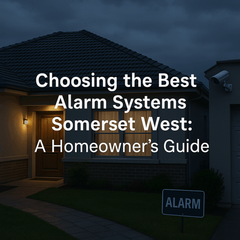A modern suburban home in Somerset West is shown at dusk, with warm indoor lights glowing through curtained windows. A wall-mounted security camera is visible near the garage, and a yard sign labeled "ALARM" is placed near a neatly trimmed lawn. Bold white text overlays the image, reading "Choosing the Best Alarm Systems Somerset West: A Homeowner’s Guide," against a backdrop of a cloudy evening sky.