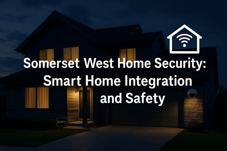 A modern two-story smart home in Somerset West is pictured at twilight with warm interior lighting visible through the windows. A wall-mounted security camera and a "SECURITY" yard sign indicate advanced home protection. Overlay text reads "Somerset West Home Security: Smart Home Integration and Safety" alongside a smart home Wi-Fi icon, all set against a dark blue evening sky.