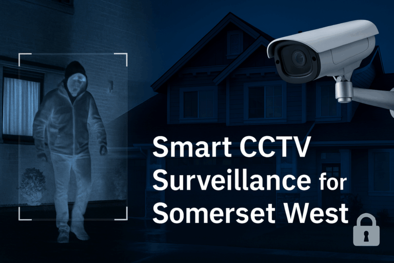 A split-view digital image shows smart CCTV surveillance in Somerset West. The left side features a thermal night-vision capture of a person walking near a home, outlined with an AI-style motion tracking box. The right side shows a modern suburban house at dusk with a mounted security camera and dark blue tones. Bold overlay text reads "Smart CCTV Surveillance for Somerset West," with a padlock icon symbolizing protection.