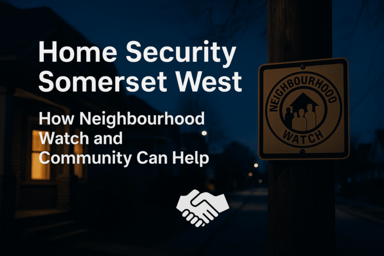 A nighttime image of a quiet suburban street in Somerset West shows a well-lit home in the background and a wooden pole in the foreground with a yellow "Neighbourhood Watch" sign. Bold white overlay text reads "Home Security Somerset West – How Neighbourhood Watch and Community Can Help," accompanied by a handshake icon symbolizing collaboration.