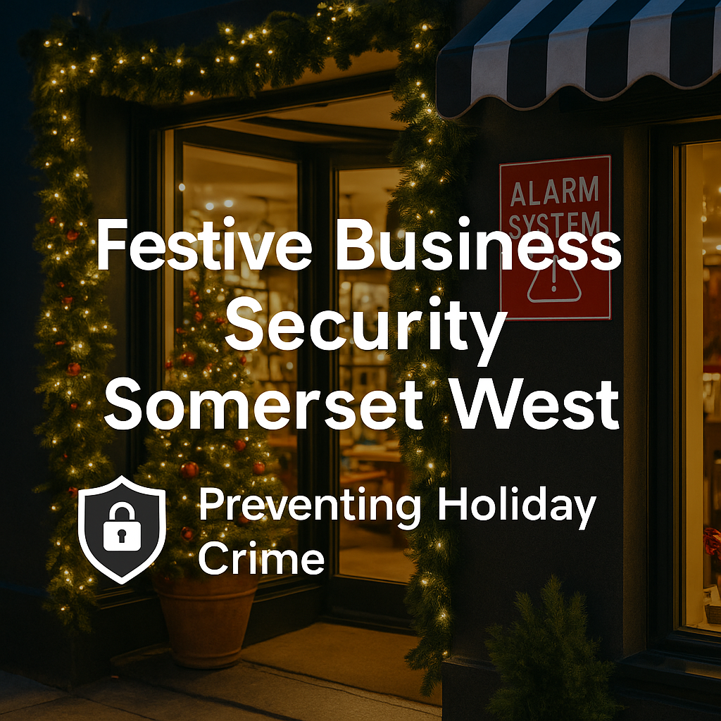 A warmly lit retail store in Somerset West is decorated for the festive season with garlands and a Christmas tree visible through the window. A red "ALARM SYSTEM" sign is mounted near the entrance, emphasizing security. Overlay text reads "Festive Business Security Somerset West – Preventing Holiday Crime," accompanied by a padlock shield icon, highlighting the theme of holiday crime prevention.
