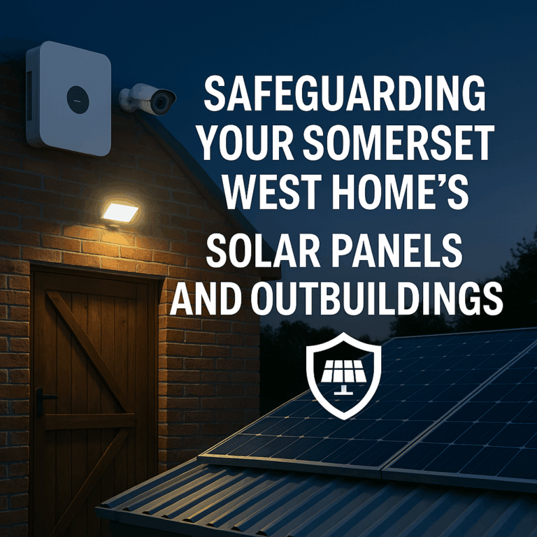 A twilight image shows a secure Somerset West outbuilding with a wooden door, motion-activated floodlight, wall-mounted inverter, and CCTV camera. In the foreground, a rooftop with solar panels is visible. Overlay text reads "Safeguarding Your Somerset West Home’s Solar Panels and Outbuildings" with a shield icon featuring a solar panel, highlighting the focus on protecting renewable energy assets and detached structures.