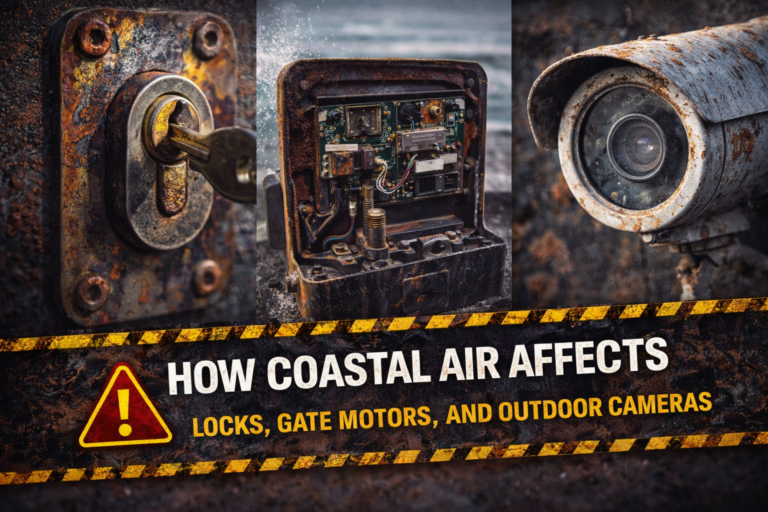 How Coastal Air Affects Locks, Gate Motors, and Outdoor Cameras